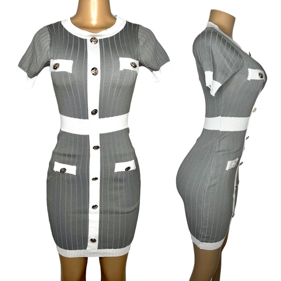 NWT Size S/M Stretchy Women Dress Elegant Short Gray And White Slim fit Dress - Picture 1 of 5